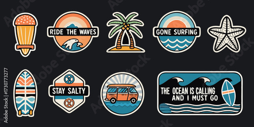 Collection of colorful retro surf and beach themed stickers with inspirational quotes and illustrations