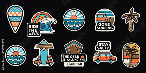 Collection of retro style surfing and beach themed stickers with palm trees and vans