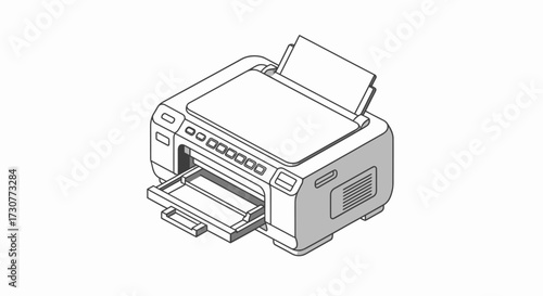 Isometric illustration of a printer with paper in the output tray and input tray open.