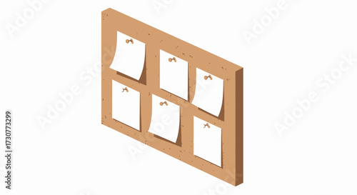 Isometric corkboard with six blank sheets of paper pinned to it.