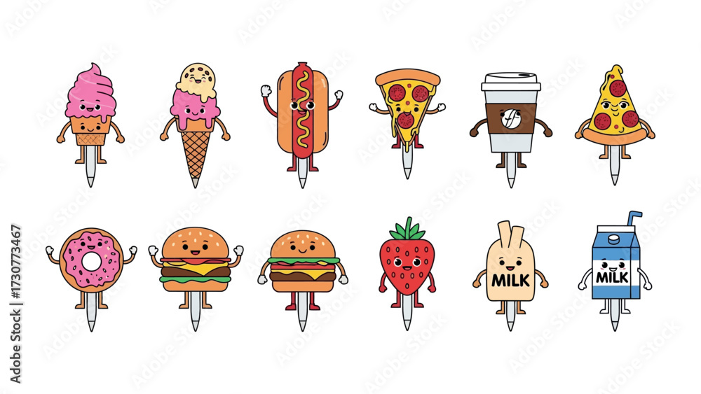 Fototapeta premium Cute Food on a Bike: A delightful assortment of animated food items, including a pizza slice, coffee cup, and hot dog, joyfully ride bicycles, inviting a sense of fun and appetite. 