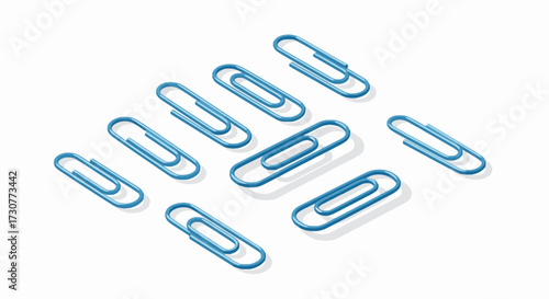 Isometric illustration of blue paper clips on a white background.