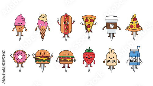 Cute Food on a Bike: A delightful assortment of animated food items, including a pizza slice, coffee cup, and hot dog, joyfully ride bicycles, inviting a sense of fun and appetite. 