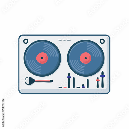 Illustration of a DJ turntable with two vinyl records, faders, and a mixer.