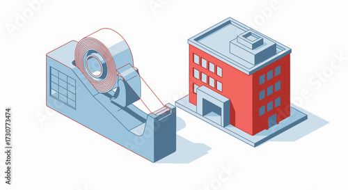 Isometric illustration of a tape dispenser and a building connected by tape.