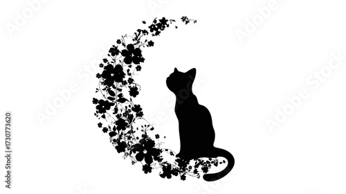 Elegant black cat silhouette gazing up at a whimsical crescent moon formed by delicate floral elements on a clean white background, graphic illustration.