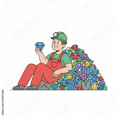 A happy miner is sitting beside a pile of colorful gems, holding one in his hand with a smile.