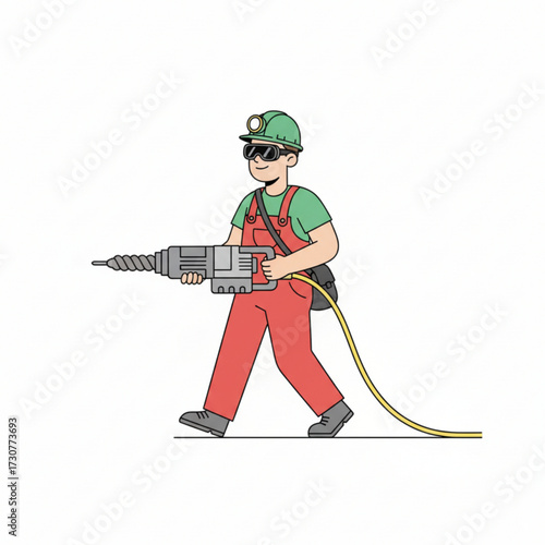 A miner wearing safety glasses and a helmet is walking while carrying a large drilling machine.