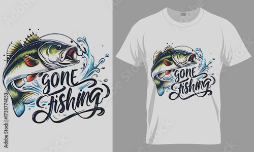 Gone Fishing T-Shirt Design Vector Illustration - Watercolor Bass Fish with Water Splash Graphic