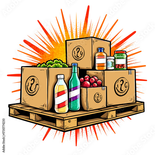 Colorful food boxes arranged on wooden pallet with burst background  