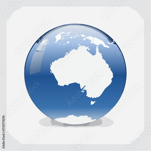 A glossy blue globe featuring a detailed white outline of the Australian continent.