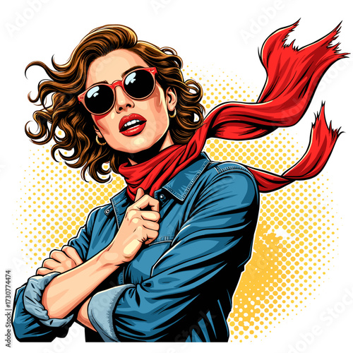 Confident woman with curly hair wearing sunglasses and red scarf  