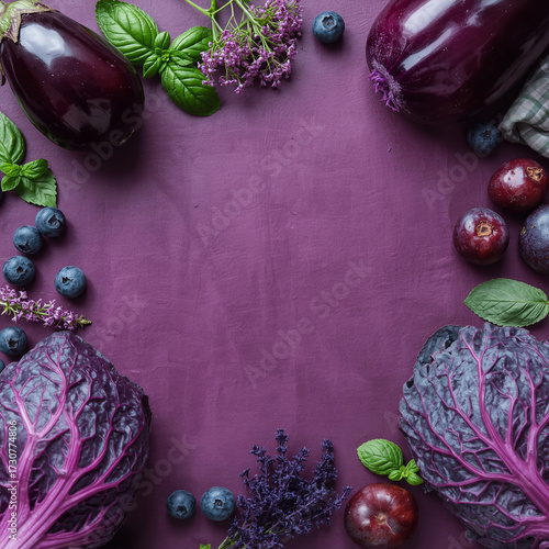Fresh vibrant purple vegetables including a deep purple eggplant, crisp blue cabbage, fragrant purple basil