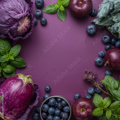 Fresh vibrant purple vegetables including a deep purple eggplant, crisp blue cabbage, fragrant purple basil