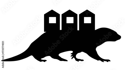 Minimalist black silhouette of an animal carrying three houses on its back, symbolizing home, portable living, relocation, and journey.