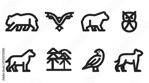Set of simple outline animal icons. Wildlife vector illustrations including bears, owl, eagle, and big cats for design elements.