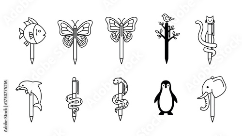 Creative Pens Collection: A collection of creatively designed pens, each adorned with unique animal-themed toppers, showcasing a blend of functionality and artistic flair.