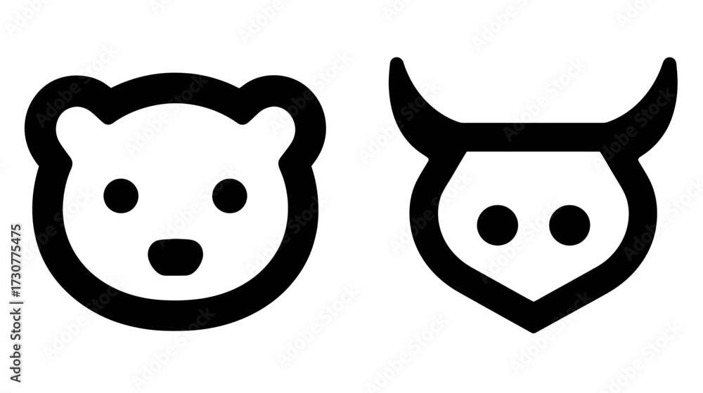 Fototapeta premium Minimalist bear and bull head outline icons, representing financial market trends, stock market, investment, and economy. Vector graphic resource.