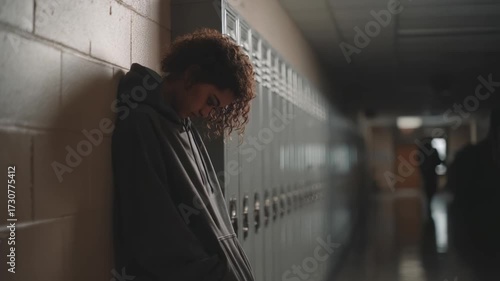Student alone in a school hallway, leaning against lockers with head down under a hoodie.