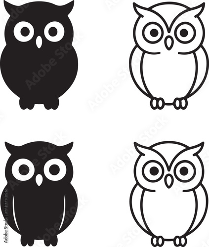 Owl icon set, nocturnal bird icons, wisdom night animal icons, black silhouette line outline filled minimal thin stroke, modern vector icon pack for bird and education