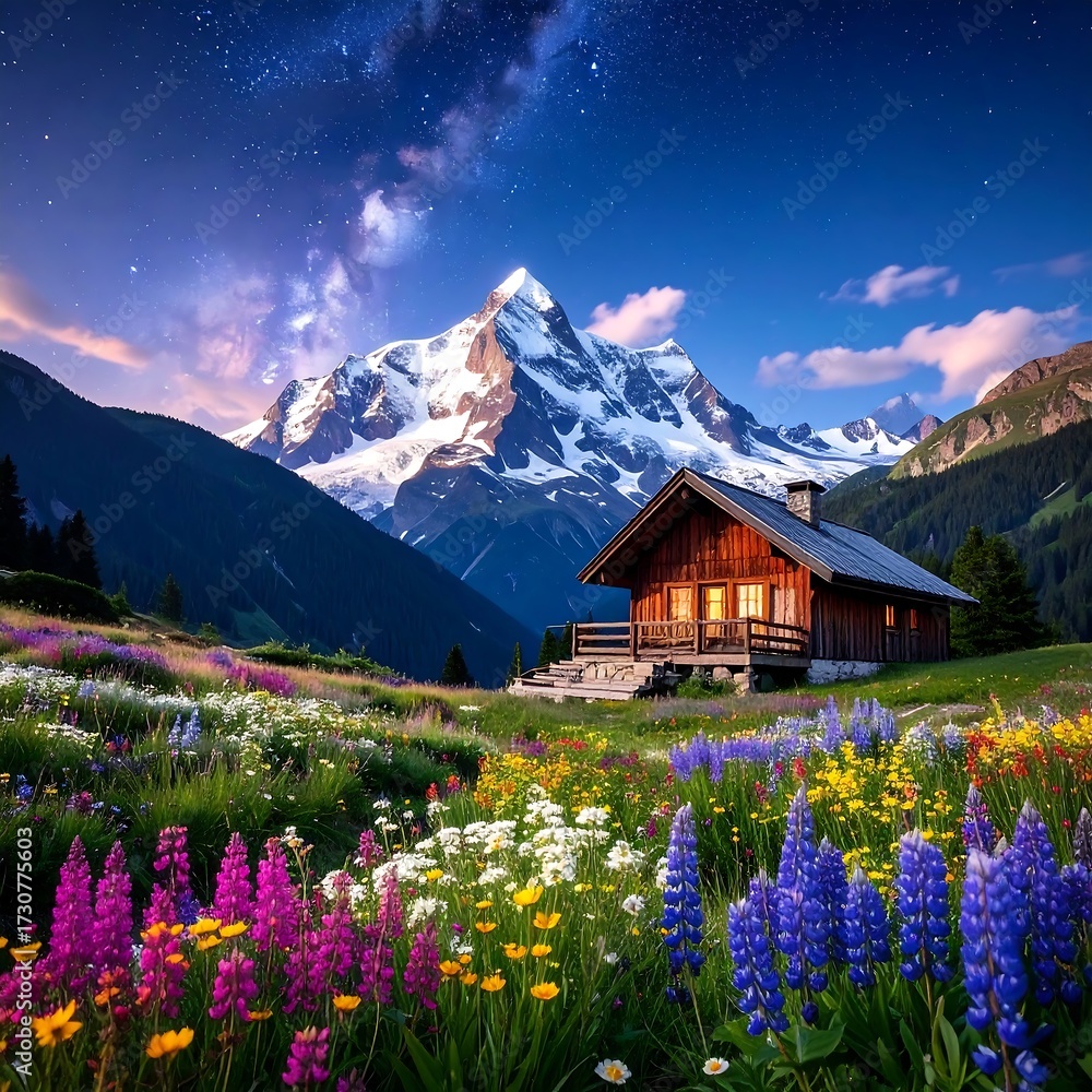 Fototapeta premium Alpine Chalet and Mountain Flowers.
