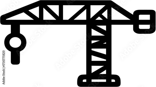 Industrial construction crane icon vector illustration, heavy machinery for building sites and urban development projects, line art symbol.