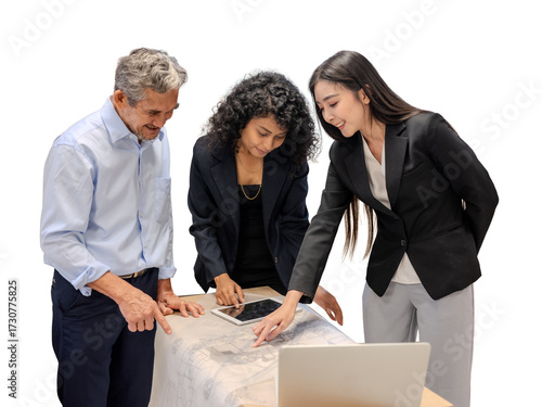 Construction engineers discuss the design with the project owner and the constructionon on transparent background