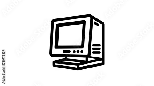 Retro desktop computer icon. Vintage PC symbol with old CRT monitor and tower. Obsolete technology outline illustration.