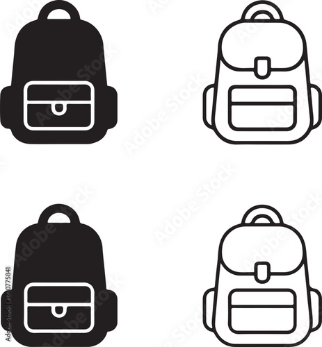Backpack icon set, school bag icons, travel hiking luggage icons, black silhouette line outline filled minimal thin stroke, modern vector icon pack for education and lifestyle