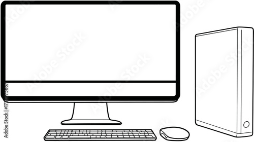 Desktop computer setup line art icon. Modern PC with monitor, tower, keyboard, and mouse outline illustration. Technology and office equipment vector.