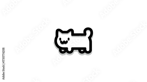 Adorable minimalist cartoon cat character, simple black and white line art graphic vector illustration, cute walking feline icon with a friendly smile.