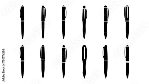 Pens in Focus: A set of pens in black silhouette, demonstrating varied design, perfect for writing. 