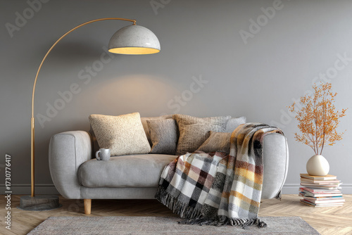 Modern minimalist living room with light sofa, plaid pillows, and wooden floor lamp