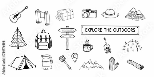 Collection of hand drawn outdoor adventure and camping icons with the phrase explore the outdoors