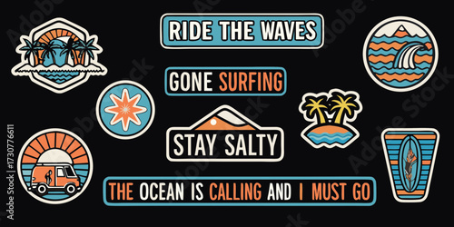 Collection of retro surfing themed stickers with inspirational quotes and beach elements