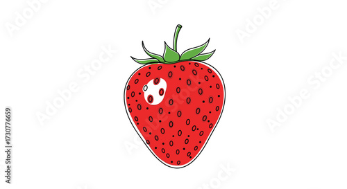 A close up illustration of a fresh red strawberry with green leaves.