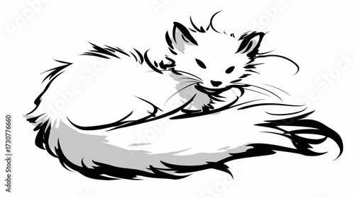 Cute fluffy white fox or small canine animal curled up sleeping peacefully, minimalist hand-drawn black and white sketch illustration