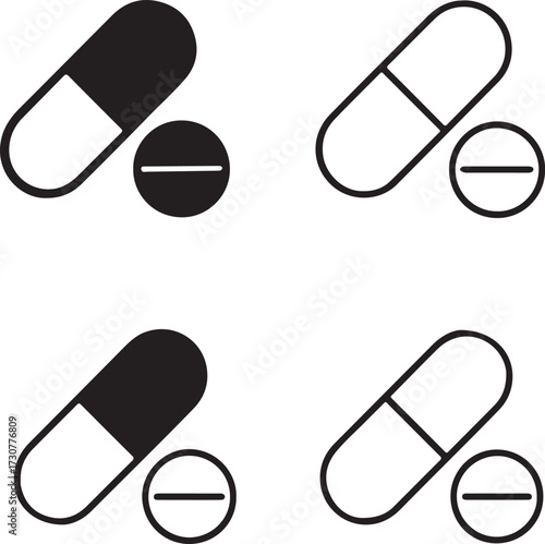 Pill icon set, medicine capsule icons, pharmaceutical drug tablet icons, black silhouette line outline filled minimal thin stroke, modern vector icon pack for health and pharmacy