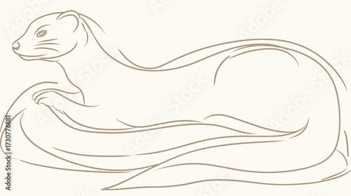 Minimalist line art illustration of a sleek weasel, ferret, or stoat, elegant animal outline drawing, simple mammal design