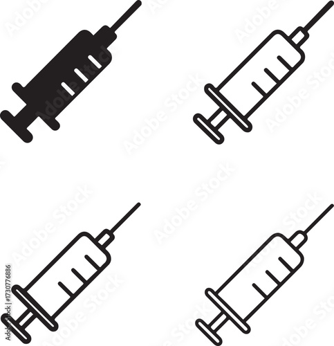 Syringe icon set, injection vaccine icons, medical vaccination shot icons, black silhouette line outline filled minimal thin stroke, modern vector icon pack for health and hospital