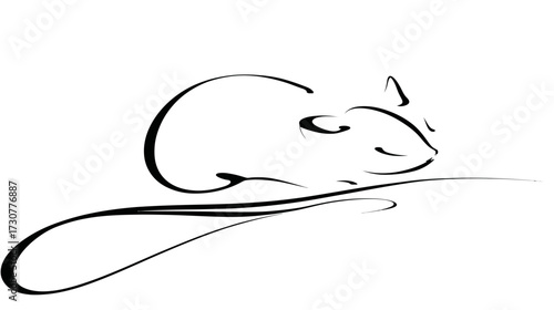 Elegant One Line Art Drawing of a Stylized Mouse or Rat, Minimalist Black and White Rodent Illustration with Swirling Tail