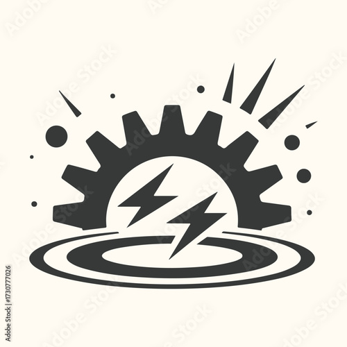 Vector art of abstract representation of a gear with lightning bolts and radiating lines, symbolizing power, energy, and mechanical innovation, set against a neutral background