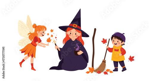 A whimsical witch with fairy and boy celebrating autumn magic.