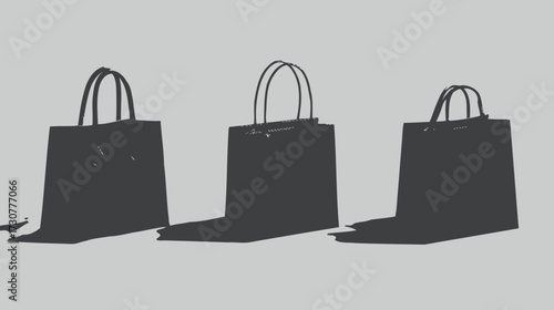 Three minimalist shopping bag silhouettes with handles and subtle shadows on a clean background. Generic retail, purchase, and business commerce concept.