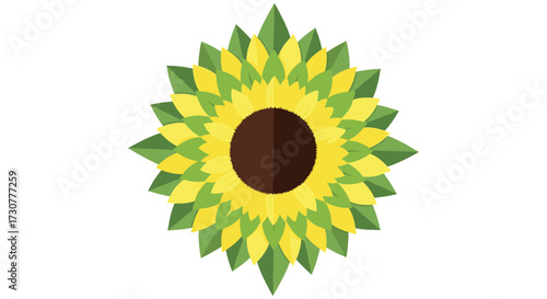 A stylized depiction of a sunflower with sharp green and yellow petals emanating from a dark brown center, on a white background.