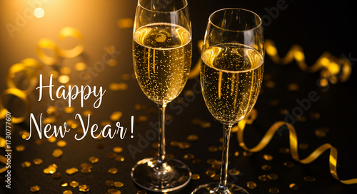 Two elegant champagne glasses celebrating New Year with golden decor  