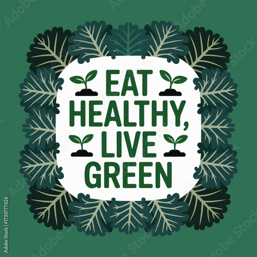 Flat vector National Kale Day design including kale leaf patterns, organic badges, salad bowls, smoothies, and playful cartoon characters in bold outlines and clean solid colors