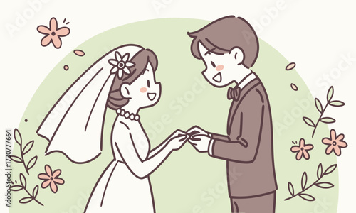 Cute cartoon couple exchanging vows at altar, wedding ceremony
