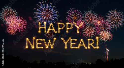 Colorful fireworks display celebrating Happy New Year at night  