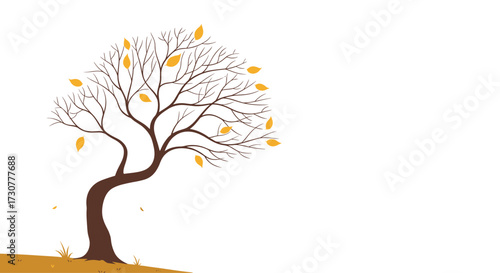 A solitary tree stands with a few remaining autumn leaves clinging to its bare branches.